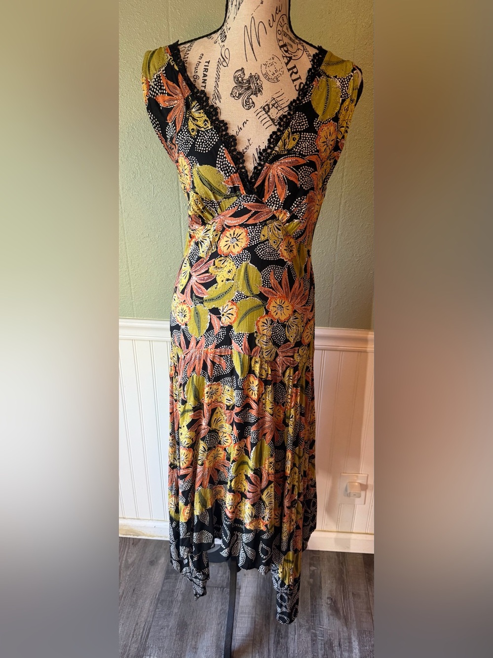 Boho Floral V-Neck Maxi Dress in Black with Olive & Coral Floral Print